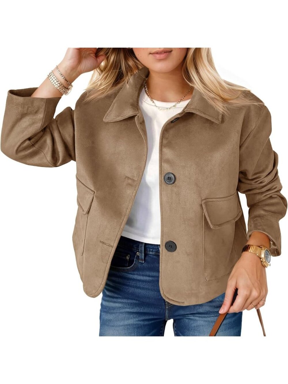 Women's Dark Brown Faux Suede Cropped Jacket Button Down Vintage Casual Shacket